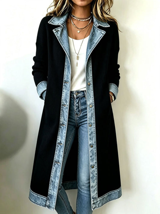 Cardigan Leonor | Cardigan Largo de Punto con Detalles Vaqueros