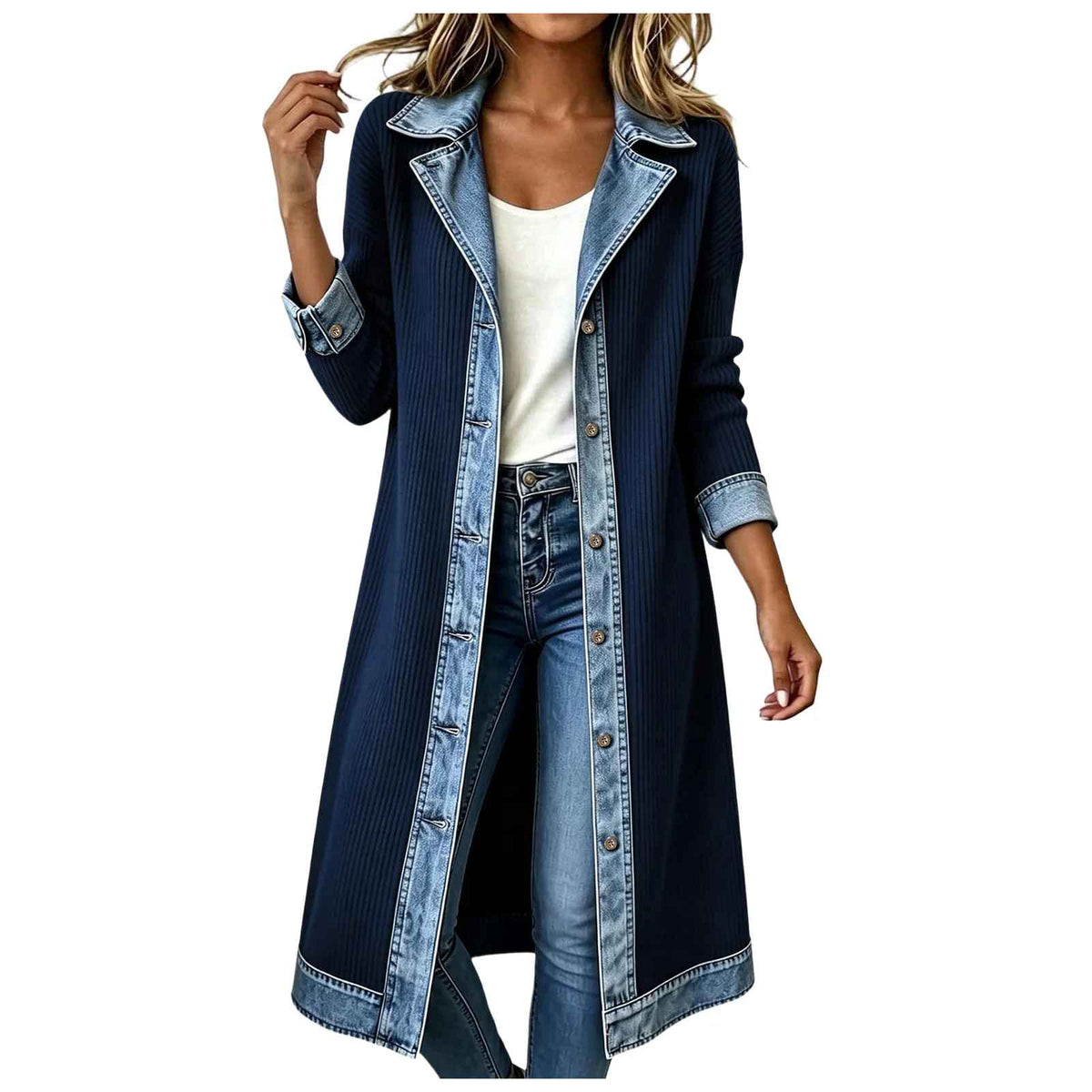 Cardigan Leonor | Cardigan Largo de Punto con Detalles Vaqueros