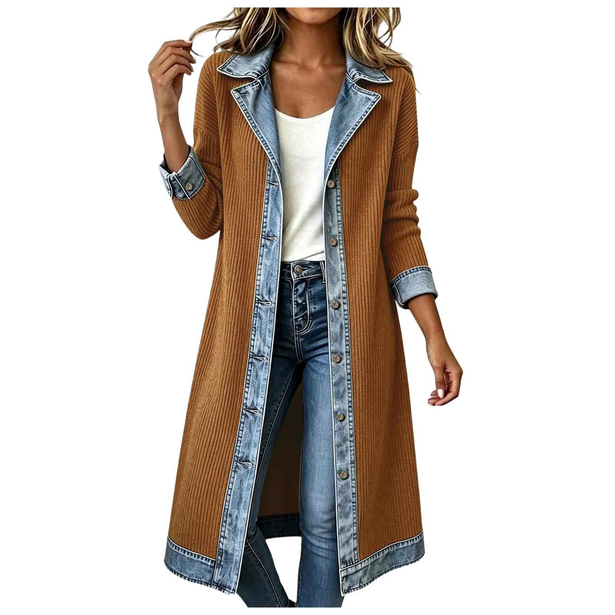Cardigan Leonor | Cardigan Largo de Punto con Detalles Vaqueros