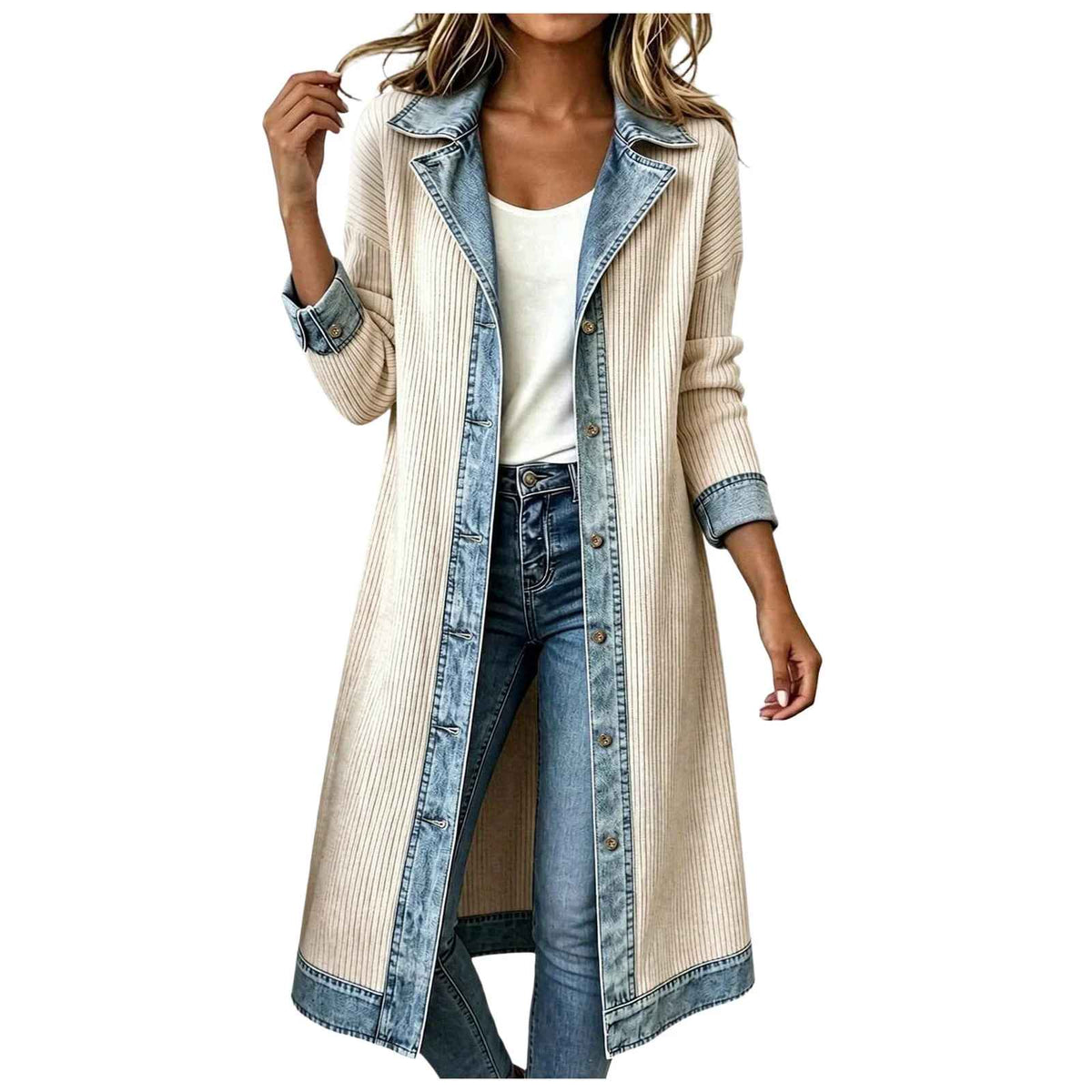 Cardigan Leonor | Cardigan Largo de Punto con Detalles Vaqueros