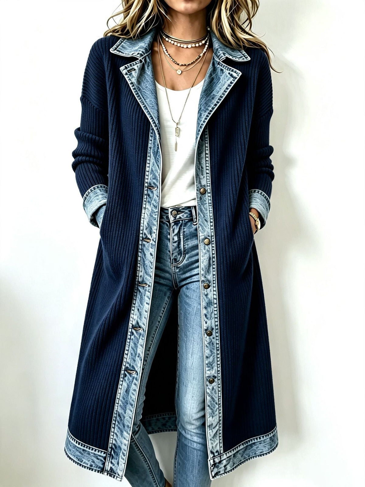 Cardigan Leonor | Cardigan Largo de Punto con Detalles Vaqueros