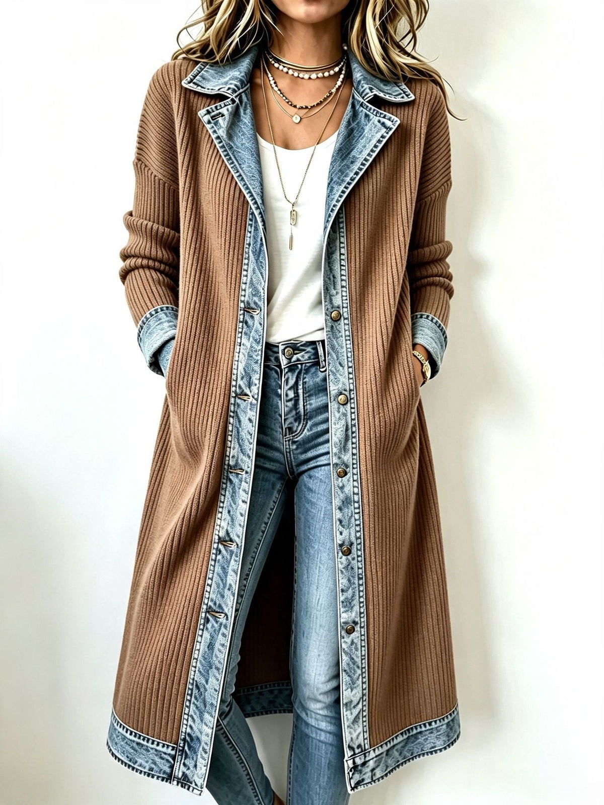 Cardigan Leonor | Cardigan Largo de Punto con Detalles Vaqueros